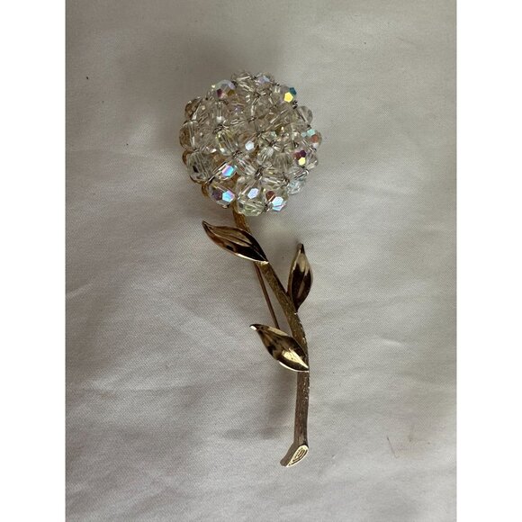 VTG Vendome Gold Tone Long Stem Aurora Borealis Crystal Flower